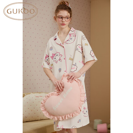 果壳（Gukoo）睡衣女夏季迪士尼玛丽猫可爱满印短袖女士家居服睡裙 香草粉  M 