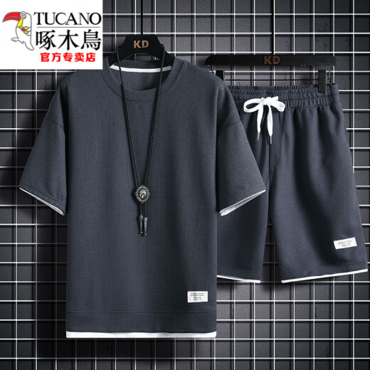 啄木鸟（TUCANO）重磅华夫格短袖T恤男夏季宽松大码运动短裤套装工作服圆领透气潮 829黑色【套装】 M 100-120斤