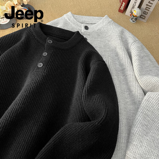 JEEP SPIRIT 2025 American casual retro Henry collar sweater men's autumn and winter lazy style high-end knitted sweater for men black L