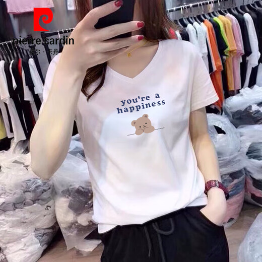皮尔卡丹V领短袖t恤女宽松纯棉打底衫正肩上衣2025年新款夏潮半袖体恤针织 V领KC698白 M