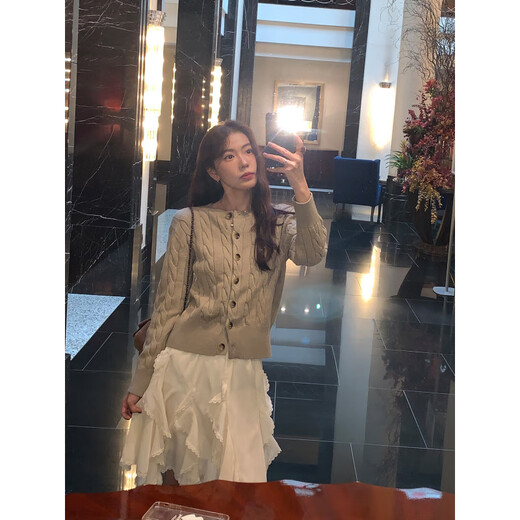 Pusumede autumn tribe round neck twist sweater cardigan women's long-sleeved sweater jacket temperament top apricot ready M