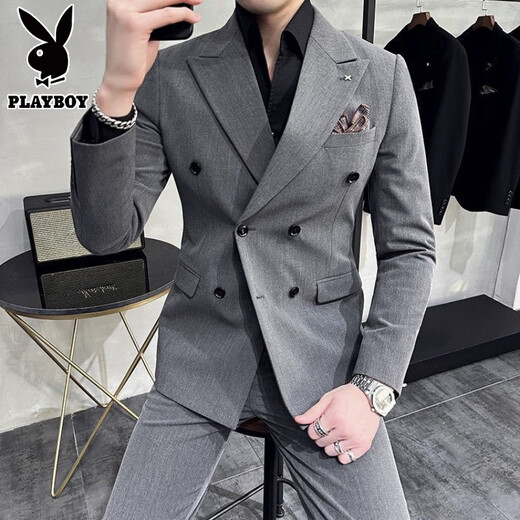 Playboy spring and autumn business casual suit men's slim and handsome double-breasted groom's suit three-piece wedding dress dark gray (suit + trousers) XL
