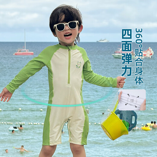 Baby children's swimsuit boys split swimsuit summer long-sleeved type A sun protection quick-drying baby beach vacation swimsuit one-piece apple green + swimming cap - sun protection UPF50 + chlorine resistant 130 cm