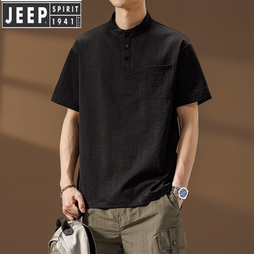 JEEP SPIRITPOLO衫短袖男亨利领2025夏季薄.款立领速干宽松T恤中山透气上衣服 灰色 3XL 体重范围170-190斤