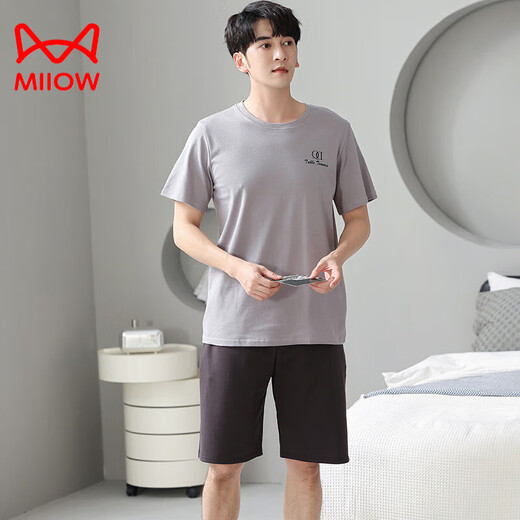 猫人（MiiOW）新款莫代尔冰丝男士睡衣夏季凉感薄款大码短袖短裤外穿家居服套装 6623 L 【100-120斤】