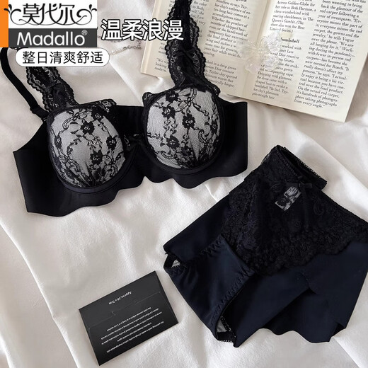 莫代尔蕾丝花边性感内衣女小胸聚拢深V无钢圈薄款纯欲胸罩网纱文胸套装 胭脂粉-单内衣 S 32/70AB