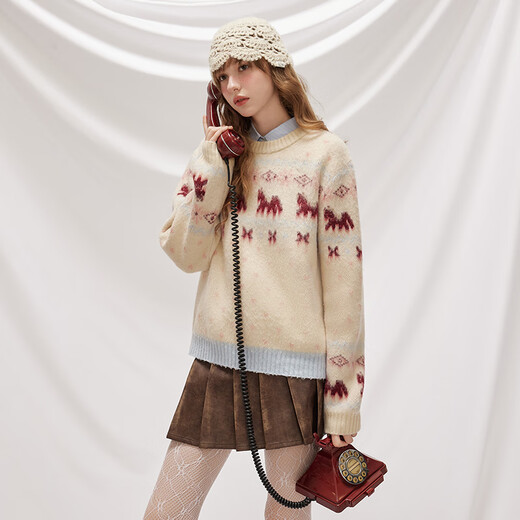 UNIFREE Fair Isle crew neck sweater classic retro jacquard loose lazy style soft waxy knitted top beige S