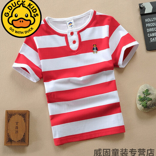 G.duck儿童男童棉质条纹短袖polo衫T恤0-15岁童装2024新款翻领小中大童 7029红白 170 4码=90cm