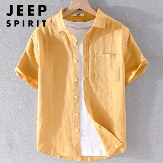 JEEP SPIRIT男士亚麻翻领短袖t恤宽松衬衫领上衣服有带领T棉麻料体恤麻布夏装 yunyi-9711蓝色 XL