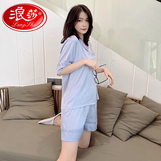 浪莎（LangSha）2025新款春夏季睡衣女短袖短裤开衫纯色简约仿真丝家居服套装外穿 YX-3937郁金香 2XL