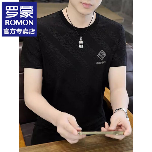 
Romon short-sleeved T-shirt for men's summer thin ice silk round neck T-shirt casual and versatile new men's half-sleeved loose top 698 black XL (about 120-145 Jin [Jin equals 0.5 kg] can be worn around)