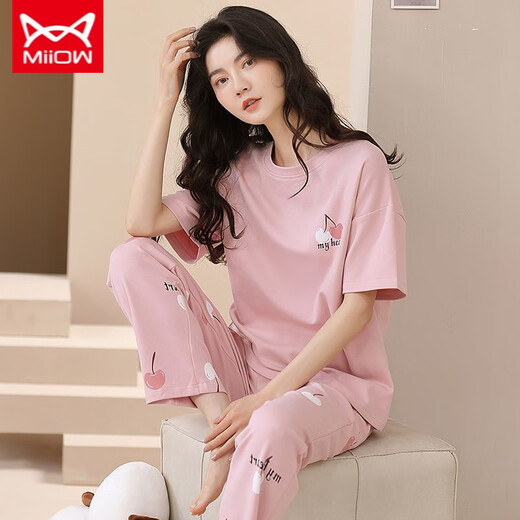 猫人 MIIOW睡衣女夏季纯棉短袖长裤宽松可外穿春秋款家居服套装 （短袖+长裤）YZT-9721 M 适合(80-100斤)穿