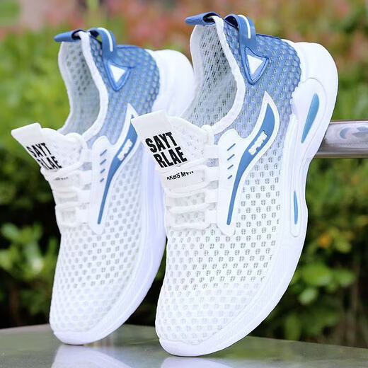 
Ranao Shoes Men's Shoes New Summer Hollow Thin Mesh Shoes Breathable Mesh Sport Lightweight Soft Sole Casual Running Shoes FH-882-DD White and Blue 41