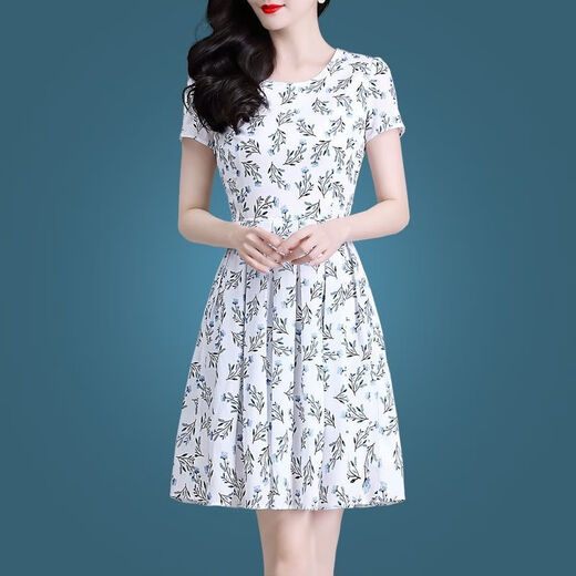 Woodpecker ice silk dress 2025 new high-end women's clothing temperament age-reducing short-sleeved middle-aged mother summer skirt women's summer ice silk 9905 skirt M 100Jin Jin is equal to 0.5 kg within