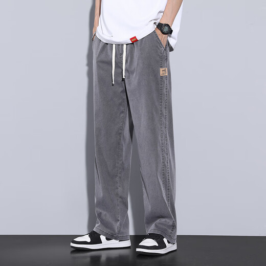 Qishi Dog (QIJUNGOU) Tiansi Jeans Men's Summer Style Straight Loose Wide Legs Sliding Sports Ice Silk Casual 1048 Black M (Size 28-29)