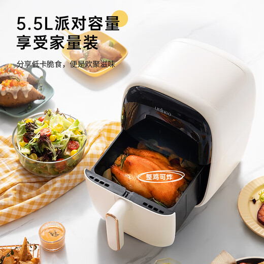 QICAIDINGDANG household air fryer 5.5L large capacity multifunctional smart electric fryer smoke-free low-fat French fries machine KZ01-B off-white with grease trap 5.5L