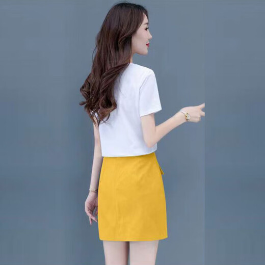 皮尔卡丹夏季新款小个子a字短裙套装学生党连衣裙两件套 函6198#白色上衣+黄色裙【套装】 S
