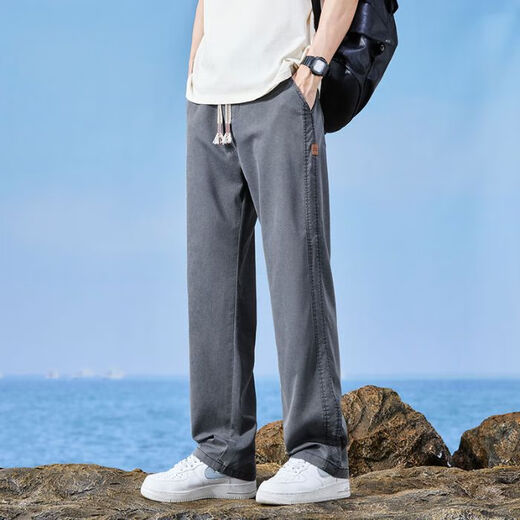 牧植天丝休闲裤男士夏季薄款宽松直筒阔腿长裤莱赛尔冰丝透气运动裤男 黑色 TM1048 M
