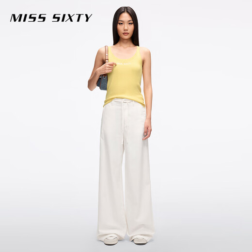 MISS SIXTY2025夏季新款牛仔裤女系带抽绳宽松奶白垂感阔腿裤长裤 奶白短版 XS