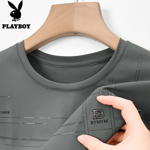 Playboy Summer Men's Short-Sleeved T-Shirt for Middle-aged and Young People's New Jinmu Ice Silk Comfortable Cool Thin Half-Sleeve Casual Top Dark Gray 733 (Cool Fabric) XL 180 Size [Suggested 140-155 Jin [Jin equals 0.5 kg]