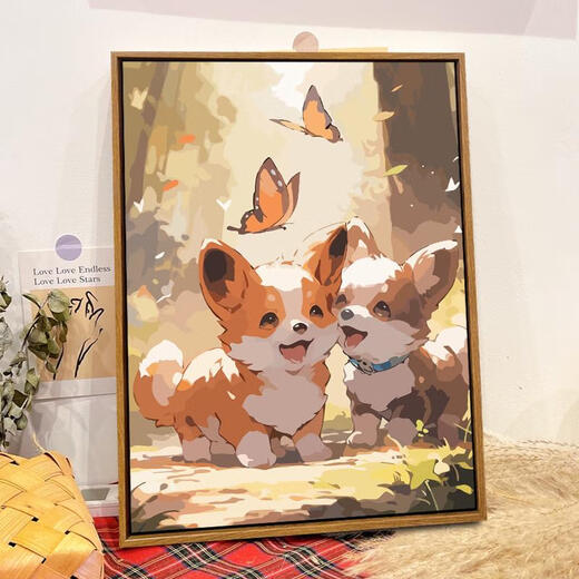 三栖虎可爱系狗狗diy数字油画手绘填色油彩解压手工装饰挂画画 SJ12859 30*40cm绷好加厚内框
