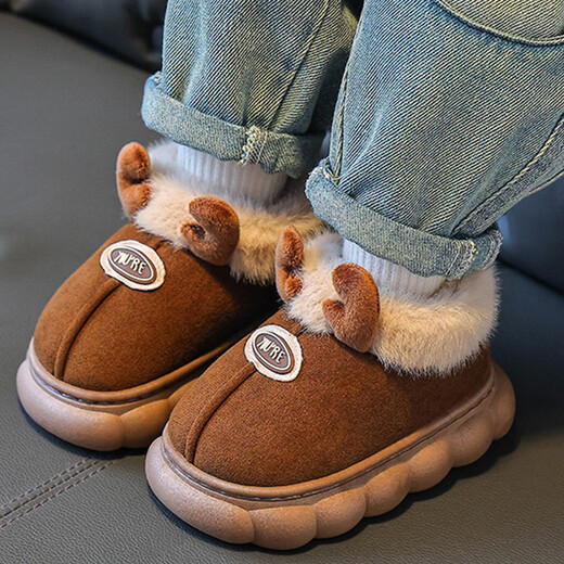 Tiaodegao Children's Cotton Shoes Winter 2024 New Cartoon Warm and Non-slip Boys and Girls Home Outdoor Baby Furry Cotton Shoes for Women Brown Color Size 26/27 Inner Length 16.5CM Approximately 3-4 Years Old