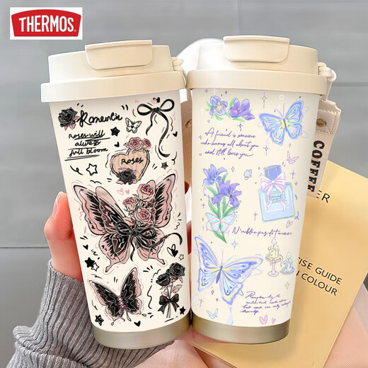 
THERMOS Simple Butterfly Thermos (THERMOS) Stainless Steel Portable Double Drinking Coffee Cup 2025 New Women's Straw Water Cup High-Precision BW1047 Silver Butterfly + Lanyard Ceramic Inner Bottom
