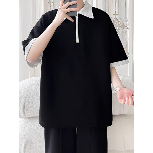 POUM半拉链撞色短袖Polo衫男夏季宽松半袖衣服美式潮牌青少年重磅T恤 WYN-733灰色 XL