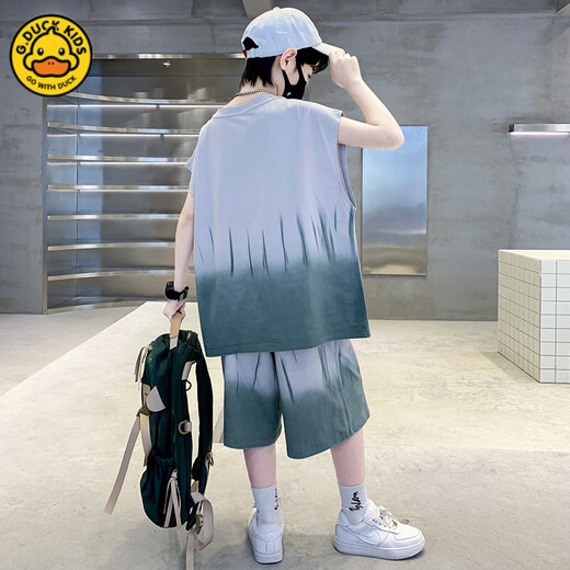 G.DUCK男童背心夏装套装2025新款网红儿童夏季无袖运动服薄款中大童夏款 TZK687-绿色套装 140 建议身高130-140厘米