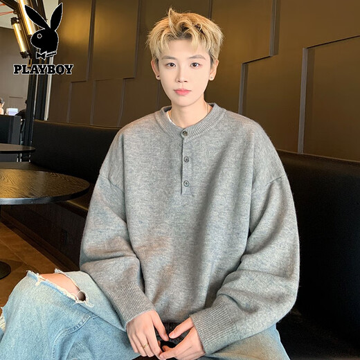 Playboy (PLAYBOY) Henry collar sweater men's winter new old money style casual bottoming shirt men's pullover warm sweater men's clothing black M