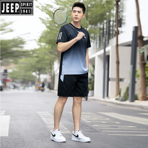 吉普（JEEP）男士跑步速干休闲运动套装男夏季薄款加肥加大码短袖两件羽毛球服  蓝色 9902  L 90-110斤
