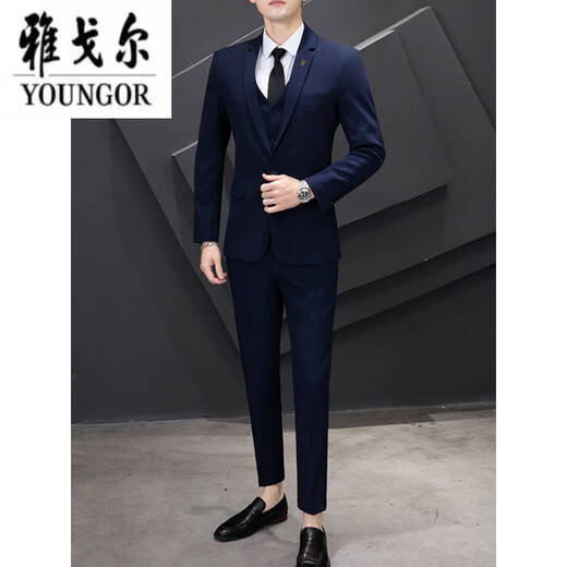 CEO Yageol Solid Color -Anzug koreanischer Stil Slim Business Casual Professional Professional Formal Wea Bräutigam Hochzeitskleid Trend mit einem Knopf dunkelblau [Anzug + Hosen + Hemd] 2xl