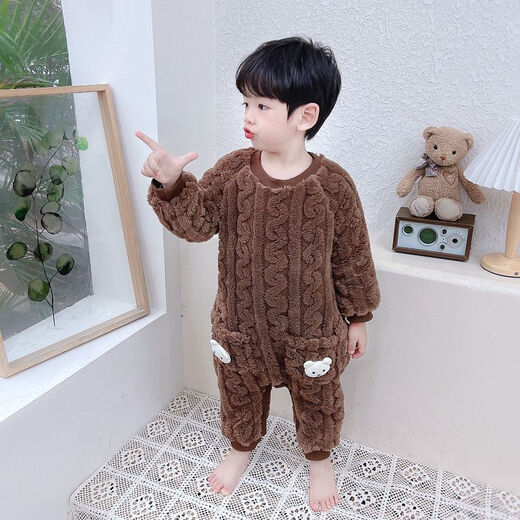 Children's one-piece pajamas autumn and winter flannel double-layer thickened baby baby sleeping bag boy's coral velvet anti-kick 1 picture color 90