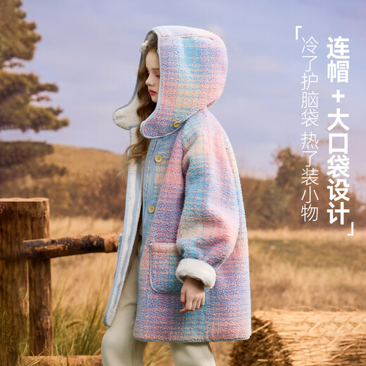 ASK JUNIOR children's coat 25 winter medium and large children's hooded fur coat girls contrast plaid warm fleece top