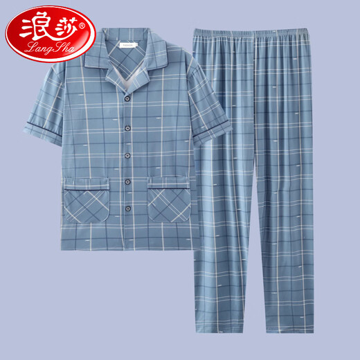 
Langsha (langsha) 2025 new men's pajamas short-sleeved cotton suit summer men's trousers teenagers can wear home clothes outside G3881 blue-short-sleeved trousers L [Suggested 100-120 Jin [Jin equals 0.5 kg]]
