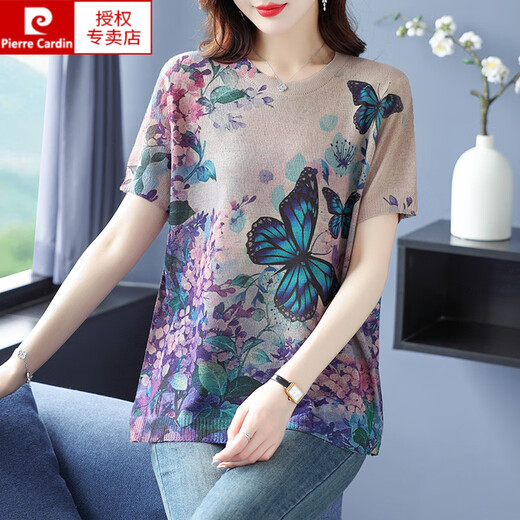 皮尔卡丹（pierre cardin）胖肥mm加大码夏季桑蚕丝短袖T恤女薄款宽松200斤遮肚子印花上衣 L838A色 M
