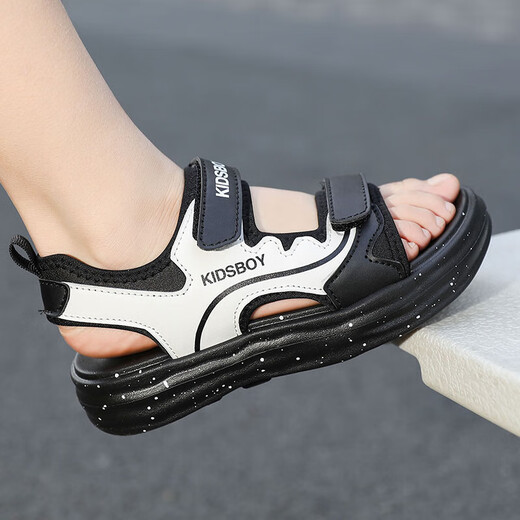 Boys' Sandals 2025 Summer New Hollow Children's Beach Shoes Soft Sole Non-Slip Handsome Middle and Large Children's Open-Toe Sandals HBL2505/Black and White Upgraded Model 31 Size Standard Size