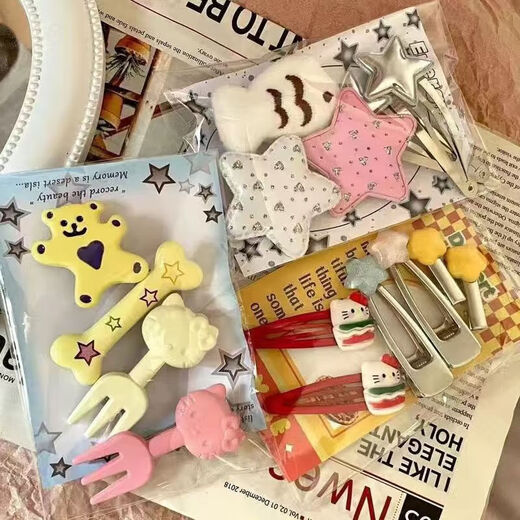 15-piece set of cute girly kitty hair clips, bangs clips, fish side clips, sweet and cool PU star BB clip hair accessories for women, main picture value set of 15 pieces <Type B>