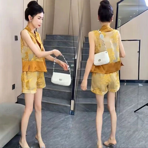 FHHUABD国风贵气感时尚套装女2024夏季新款坎袖拼接盘扣马甲短裤两件套女 12158-黄色套装 8XL m建议80-95斤