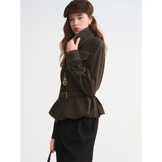 Single-bunch plus size women's urban nomadic style bud silhouette shirt autumn and winter tops contrasting topstitch shirt nomadic brown 3XL (size 5)