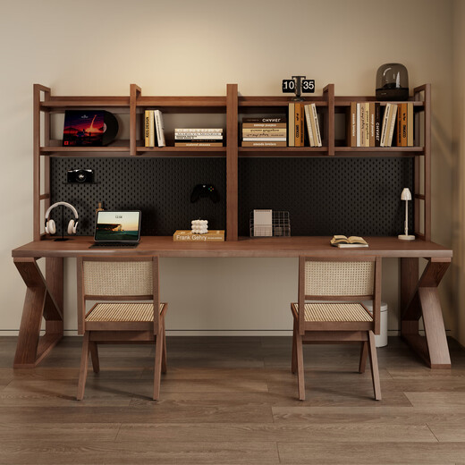 Shoukui solid wood desk bookshelf integrated office desk home double study computer table hole board desk bookcase long table deposit option, customization