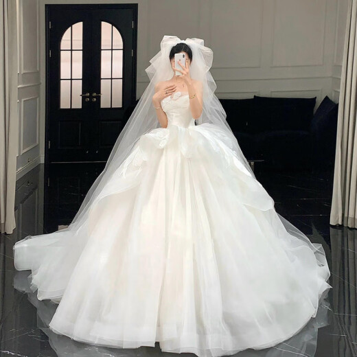 Kangdumi Hochzeitskleid, Hauptgarn der Braut, kleines trägerloses Kleid 2025 neuer Stil schwangerer Frauenhauptgarnstruktur, großer Größe, Schlanker und Schwanz, komplettes Stil (sieben Teilset) s