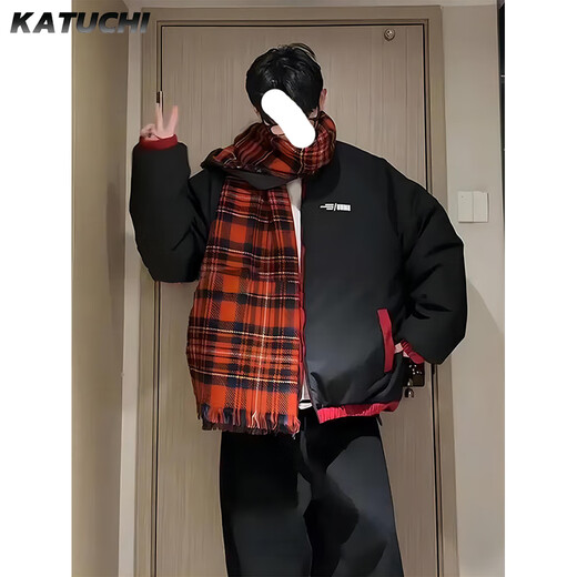 Katuchi American double-sided down cotton jacket men's winter thickened warm cotton coat handsome contrasting color short bread coat bull red + off-white double-sided cotton jacket version XL