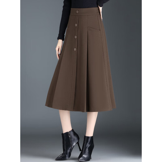 ROMON Woolen A-Line Skirt Women's Spring, Autumn and Winter New Umbrella Skirt Mid-Length Slim Style Elastic Waist Pleated Skirt Brown M Recommended 85-100 Jin Jin equals 0.5 kg