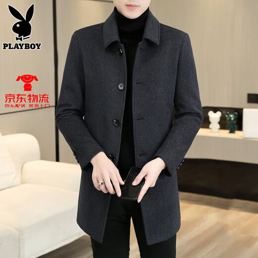 花花公子（PLAYBOY）羊毛呢大衣男士风衣2025新款高级休闲棉呢子外套男潮 88601黑色 M