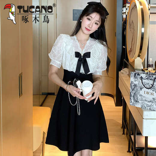 啄木鸟显瘦气质高端名媛连衣裙女装2025年夏装新款高级感甜美裙子小个子 黑色 2XL 130-145斤