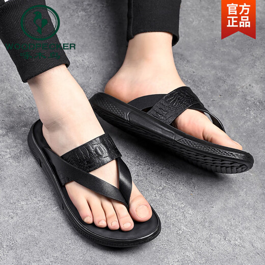 Woodpecker flip flops for men 2025 new trendy summer wear anti-slip anti-odor leather clip foot beach Vietnamese sandals men 683 black 42