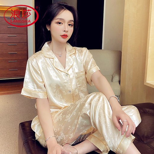 浪莎轻奢睡衣女士夏季绸缎薄款短袖长裤加大码200斤家居服高级感套装 693#绿条纹三件套装 M (建议80-100斤)