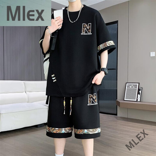 MLEX佳琳娜时尚男装冰丝短袖.t恤男青少年夏装国潮短袖休闲运动套装 6195【短袖套装】米白色 4XL 建议180200斤