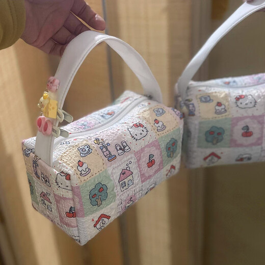 Feiyuega's new cartoon cat portable cosmetic bag, convenient large-capacity cosmetic toiletry bag, cute storage bag for women when going out, plaid cat (no accessories), white